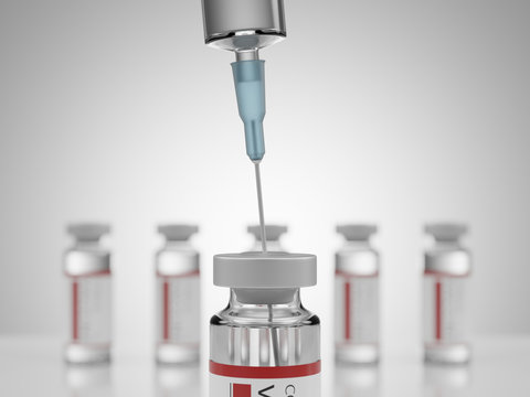 Syringe and vaccine. Used for prevention from 2019-nCov or covid-19. 3d rendering - illustration.