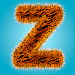 Tiger english alphabet and number 3D rendering of funny fur font isolated on blue background. Halloween concept. 3d illustration