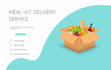 Meal-kit delivery service. Online ordering of food, grocery delivery, e-commerce. Flat design modern vector illustration concept.