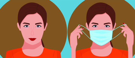 To protect against viruses and various environmental pollutants entering the respiratory system, a woman puts a mask on her face.