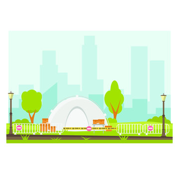 Tent Clinic In Central Park Due To Coronavirus. Quarantine In A Tent City. Vector Illustration.