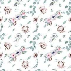 Watercolor seamless pattern of flowers and leaves, for wedding cards, romantic prints, fabrics, textiles and scrapbooking. - 336121724