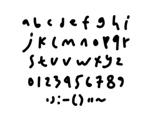 Hand drawn written alphabet with numbers and symbols. Vector font letter isolated on white background