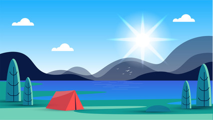 Fototapeta na wymiar beautiful vector landscape with a lake, trees and a tent on a sunny day