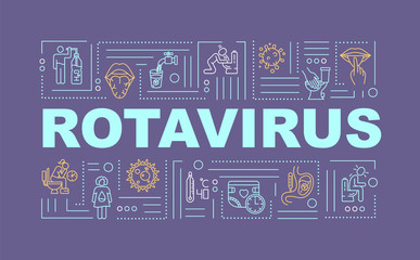 Rotavirus word concepts banner. Illness symptoms. Health care problem. Infographics with linear icons on purple background. Isolated typography. Vector outline RGB color illustration