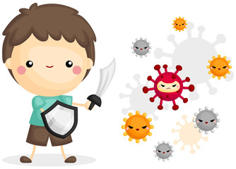 A Vector of Cute Boy Fighting Viruses with His Sword and Shield 

