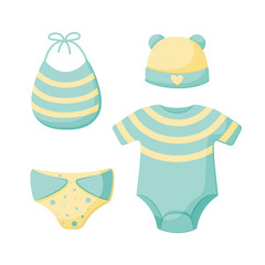A set of things for a newborn isolated on a white background. Collection for boys in blue and yellow. Cap, bodysuit, bib, panties. Vector illustration. Great for greeting cards, postcards, stickers.
