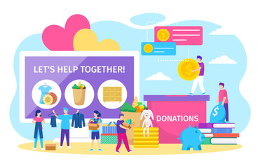 Charity donations vector illustration. Cartoon tiny people donate box full of clothes or toys, adult activist characters donating coins in piggy bank. Altruism flat concept icon isolated on white