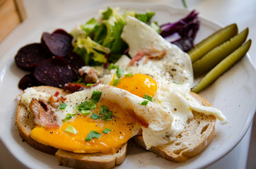 
breakfast with eggs and bread