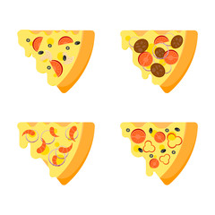 Pizza slices flat icons set. Italian food. Vegetarian food. Vector illustration in cartoon style.