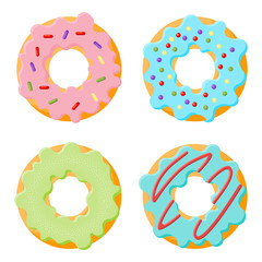 Cartoon colorful glaze donuts. Top View Doughnuts. Menu design, cafe decoration. Vector illustration in flat style.
