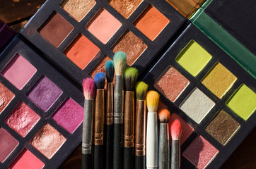 Close-up of make-up eye shadow palettes with shadow brushes