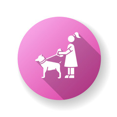 Pet sitting pink flat design long shadow glyph icon. Woman with dog on leash. Pet owner. Obedient domestic animal. Trainer service. Girl walk outdoor. Silhouette RGB color illustration