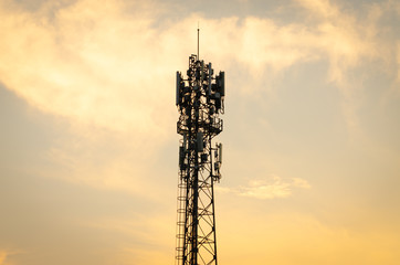 Communication tower during sunset, Silhouettes telecommunication tower on sunset background