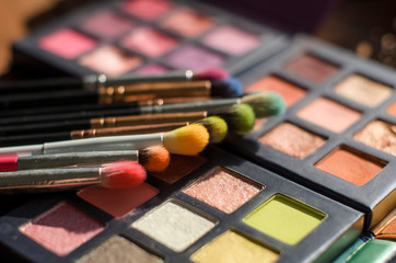 Close-up of make-up eye shadow palettes with shadow brushes
