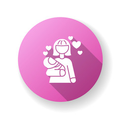 Babylover pink flat design long shadow glyph icon. Parenthood and motherhood. Woman for babysitting. Mother with son. Mom with daughter. Nurturing parent. Silhouette RGB color illustration