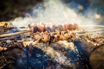 barbecue grill on a bonfire in the forest