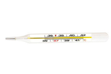  medical thermometer with a temperature of 36.6 on a white background