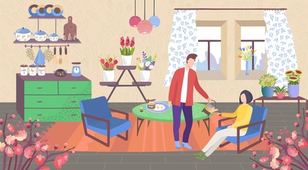 Family at home vector illustration. Cartoon flat couple characters in kitchen room of cozy apartment with houseplants in pots, husband pouring coffee into mug to his wife in home interior background