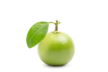 lemon with green leaf isolated on white background.