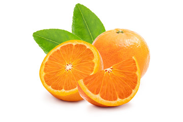 Orange fruit with green leaf isolated on white background.