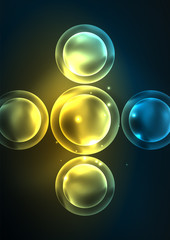 Glowing neon shiny transparent bubbles, glass circles or bio cell concept. Techno futuristic vector abstract background For Wallpaper, Banner, Background, Card, Book Illustration, landing page