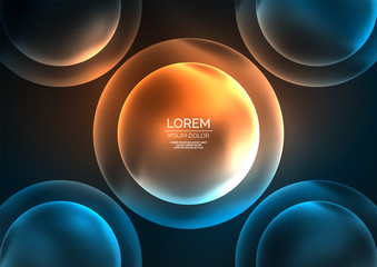 Glowing neon shiny transparent bubbles, glass circles or bio cell concept. Techno futuristic vector abstract background For Wallpaper, Banner, Background, Card, Book Illustration, landing page