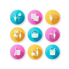 Babysitter service flat design long shadow glyph icons set. Part time job. Around clock babysitting. Photo report of kid. Night time nanny. Household duty. Silhouette RGB color illustration