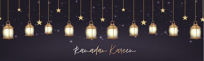 Ramadan Kareem banner or long header. Arabic religious holiday concept. Hanging golden lantern and stars over dark purple background. Vector illustration with lettering.