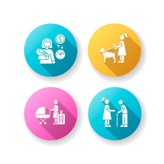 Babysitting service flat design long shadow glyph icons set. Babysitter job pay rate. Pet sitting. Hotel sitter for children. Senior help. Elder person. Silhouette RGB color illustration