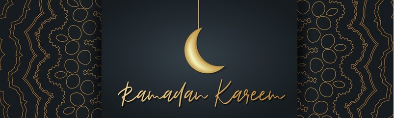 Fototapeta na wymiar Ramadan Kareem banner or header. Arabic religious holiday concept. Golden ornament and haning moon over black background. Vector illustration with lettering.
