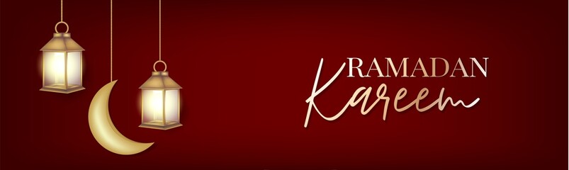 Ramadan Kareem banner or long newsletter header. Simple Arabic religious holiday concept. Hanging golden lantern and moon over red background. Vector illustration with lettering.