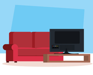 living room home place with couch and tv vector illustration design