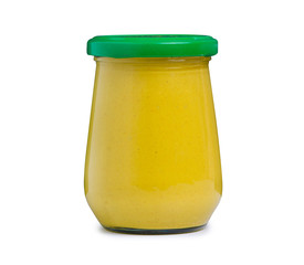 Glass jar mustard on white background isolation