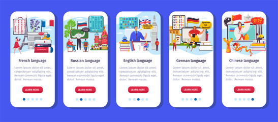 Learning language app vector illustration. Cartoon flat vertical mobile smartphone application interface set for training foreign languages. Learn online French, Russian, English, German or Chinese