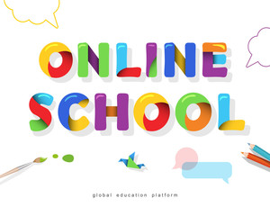 Online school bright banner. Distance education colorful template. Origami cartoon 3D letters. Vector