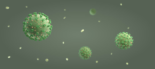 banner of coronavirus COVID-19 seen under the microscope in a green environment, 3d render illustration