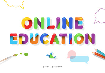 Online education bright banner. Distance learning colorful template. Origami cartoon 3D letters. Vector