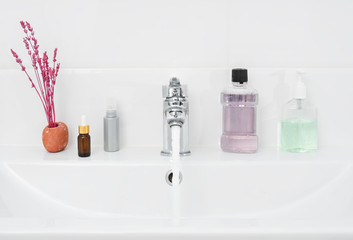 Bathroom with personal hygiene items. The concept of daily care and health care, washing hands...