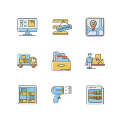 Inventory control and bookkeeping RGB color icons set. Accounting spreadsheets and card system. Storage place, goods shortage and receipt. Isolated vector illustrations