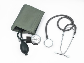 Close up of medical equipment to measure someones blood pressure placed on a white background