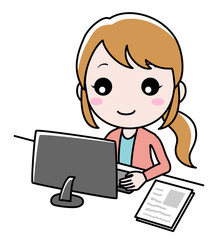 パソコンで作業をする私服の事務員