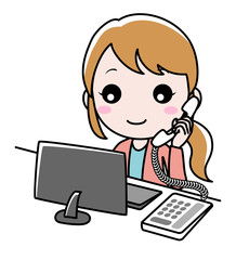 電話をする私服の事務員