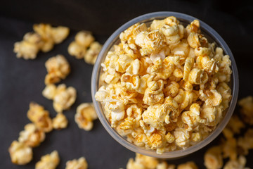 Popcorn in a large bucket.