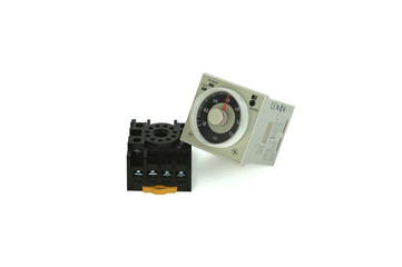 solid state time, multi range timer with socket isolate on white background.