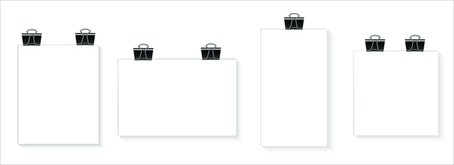 White blank poster template hanging on the wall. Paper banner mockup. Paper clip. Vector