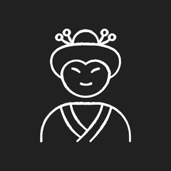 Geisha chalk white icon on black background. Japanese woman in asian attire. Geiko in costume with traditional hairstyle. Maiko in costume. Ethnic performer. Isolated vector chalkboard illustration