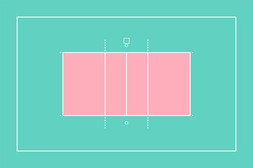 Imitation of a professional sports volleyball court. Flat style top for easy use in strategy or background. White marking lines on pastel colors.