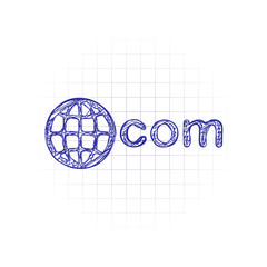 one of main domains, globe and com. Hand drawn sketched picture with scribble fill. Blue ink. Doodle on white background