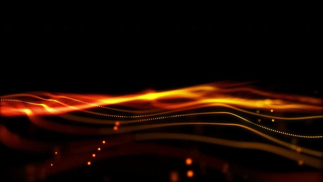 Digital Gold Particles Wave and light abstract background with shining floor particle stars dust flar. Futuristic glittering Luxurious golden sparkling on black background.